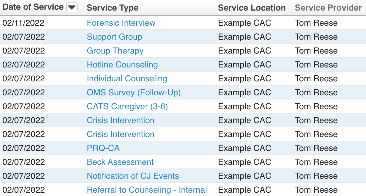 Screenshot of a list of CSEC services in Collaborate.