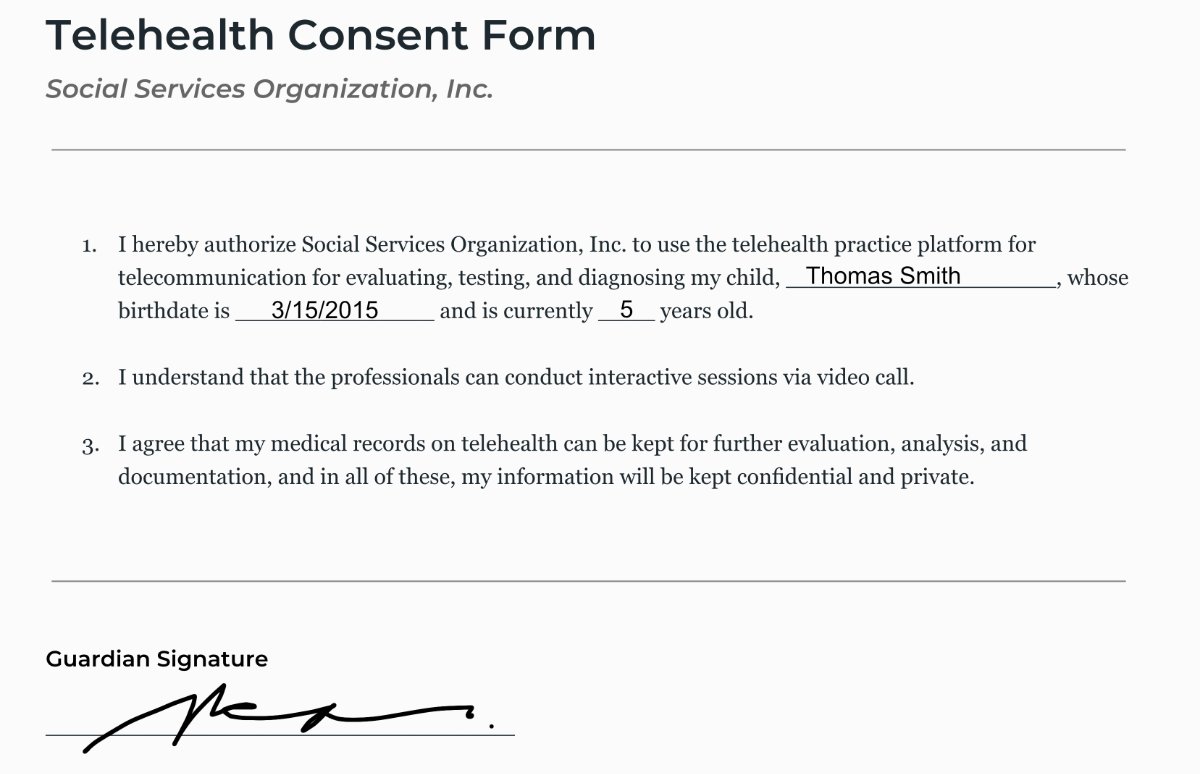 Filled out telehealth consent form.