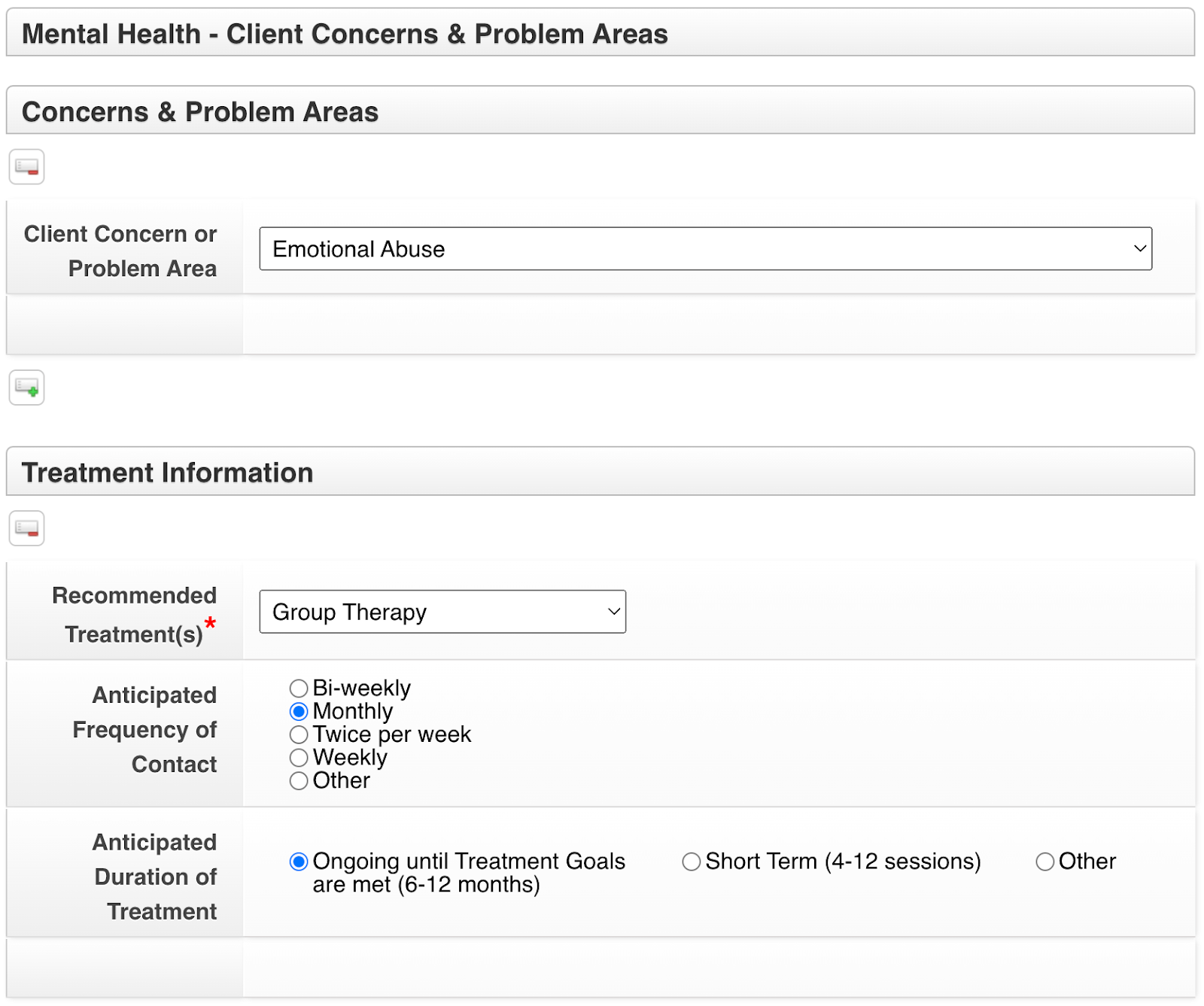 Screenshot of a mental health service form in Collaborate.