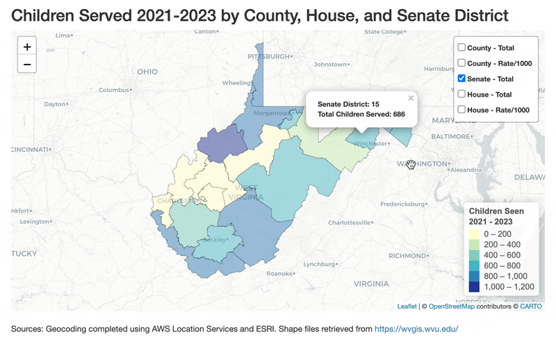 Animated GIF of WVCAN's interative map showing services provided by CACs across senate and congressional districts.