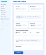 An advocacy tracking form in Collaborate with the requested outcome, whether it was achieved, and the days to resolution computed