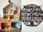 2 photos combined. On the left a doll house and on the right a tree wall ornament with small puppets in it.