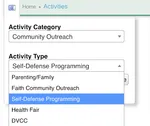 Dropdown showing assorted activity types.